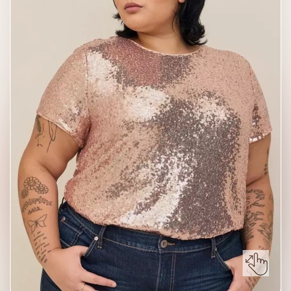 Torrid Blouse Womens 3x Gold Abbey Sequin Short Sleeve Crewneck Top Champagne - Picture 1 of 8